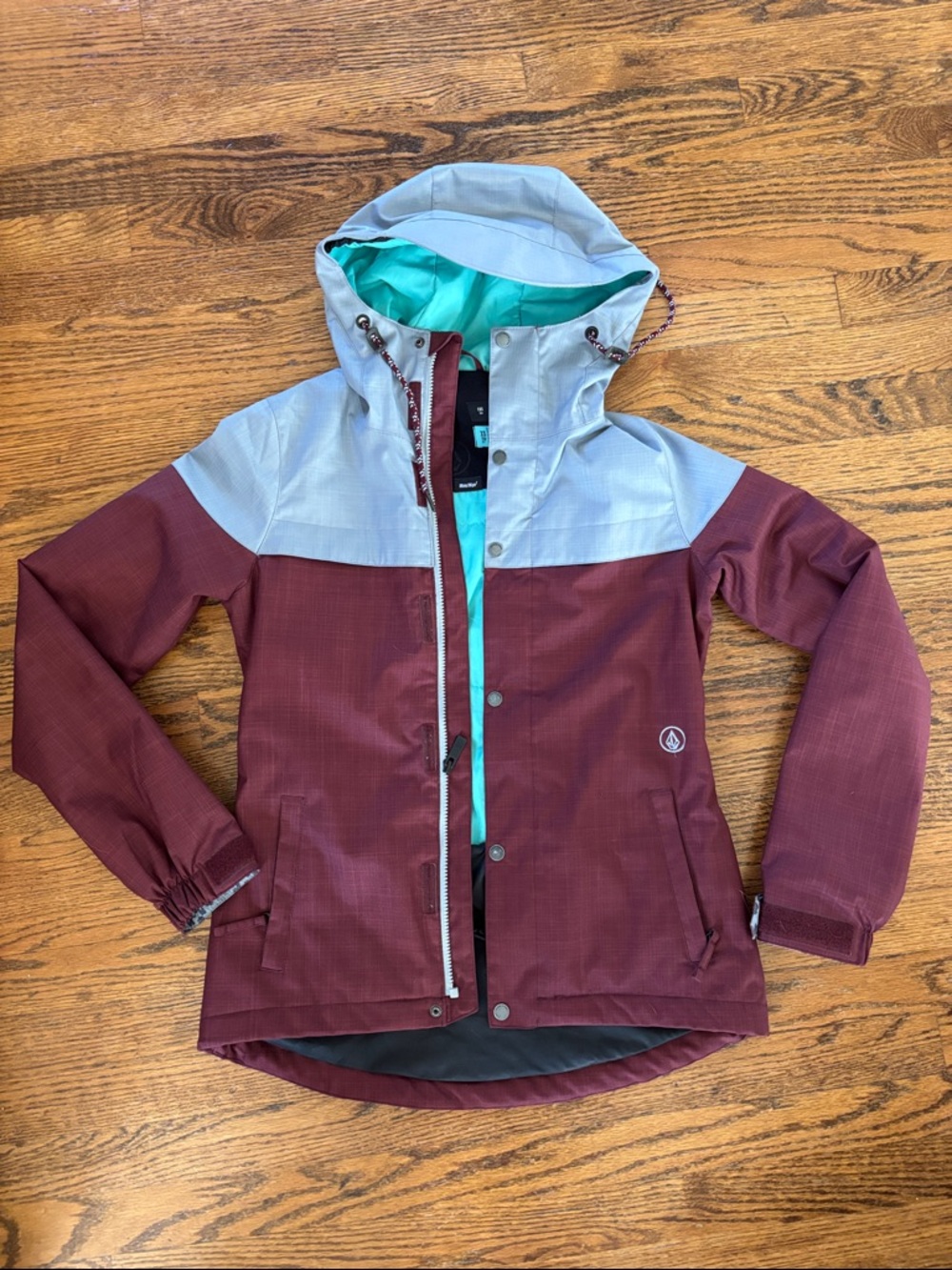 Volcom Women's Maroon and Light Gray Hooded Snowboard Jacket with Teal Lining XS